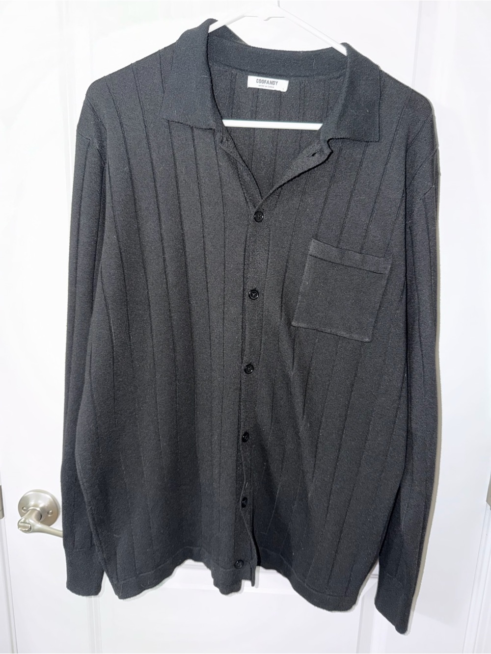 Black Ribbed Long Sleeve Button-Down Shirt
